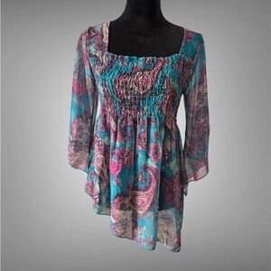 Miss 16 Boho sheer blue & Pink Paisley Women’s Top